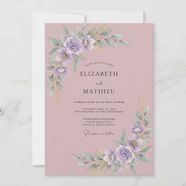 Convite Casamento de Peônia Lilás Malva (Frente)
