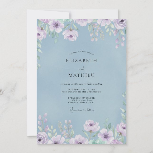 Convite Casamento de Peônia Lilás Periwinkle (Frente)