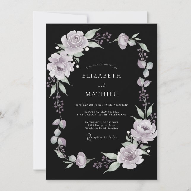 Convite Casamento de Peônia Lilás Preta (Frente)