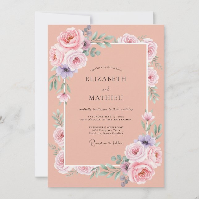 Convite Casamento de Peônia Lilás Ranunculus Eucalipto (Frente)