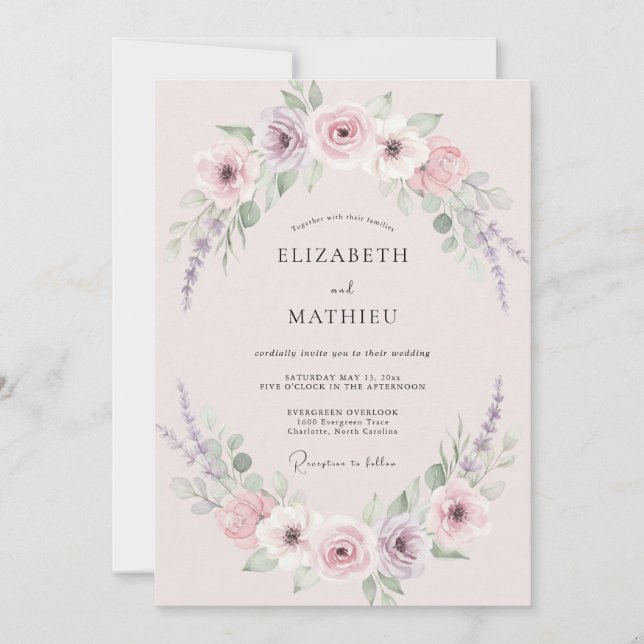 Convite Casamento de Peônia Lilás Rosa Antigo (Frente)