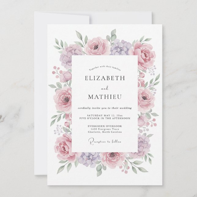 Convite Casamento de Peônia Lilás Rosado (Frente)