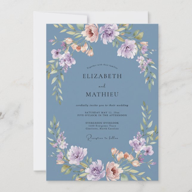 Convite Casamento de Peônia Lilás Slate (Frente)