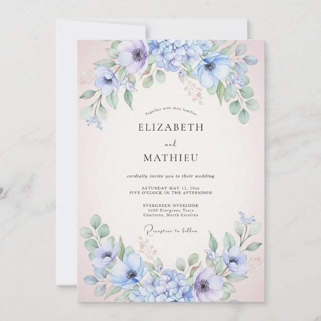 Convite Casamento de Peônia Lilás Suave Periwinkle (Frente)