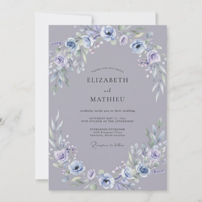 Convite Casamento de Peônia Lilás Suave Slate (Frente)
