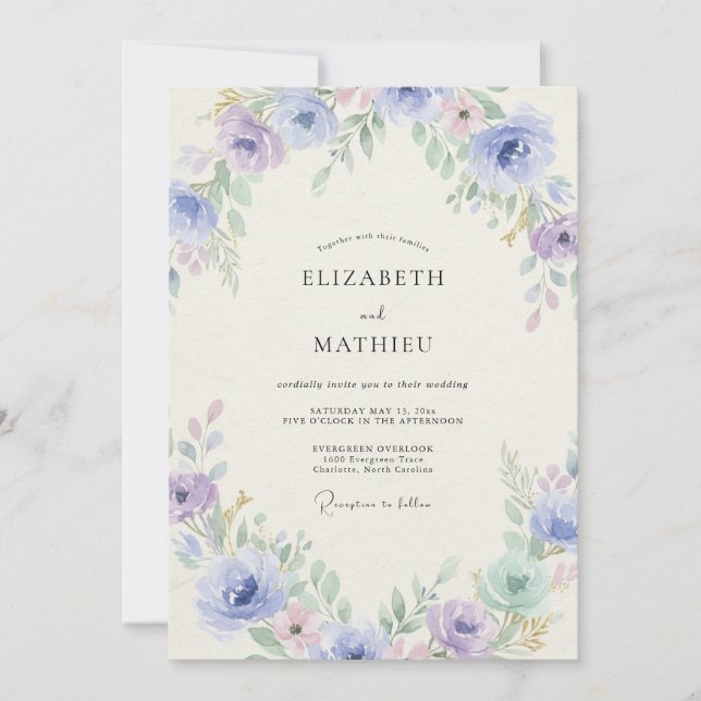 Convite Casamento de Peônia Lilás Vinca (Frente)