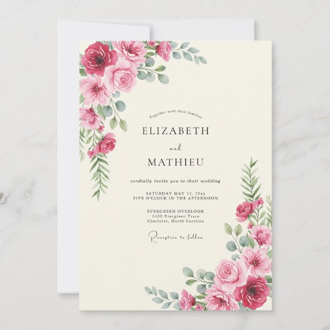 Convite Casamento de Peônia Magenta (Frente)