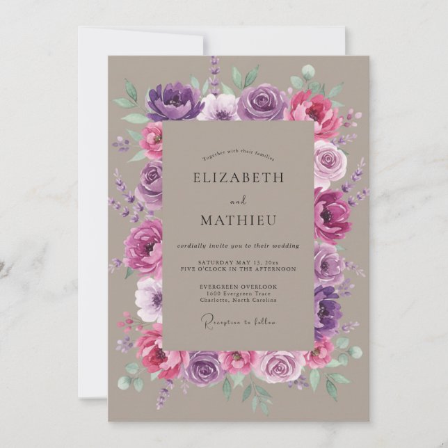 Convite Casamento de Peônia Magenta Âmbar (Frente)