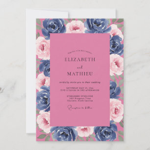 Convite Casamento de Peônia Magenta Celestial Meia-Noite