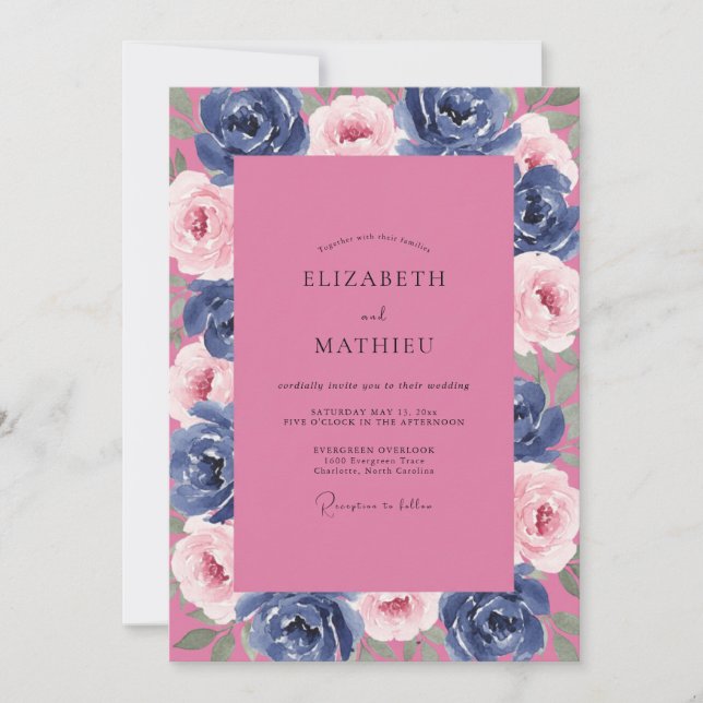 Convite Casamento de Peônia Magenta Celestial Meia-Noite (Frente)
