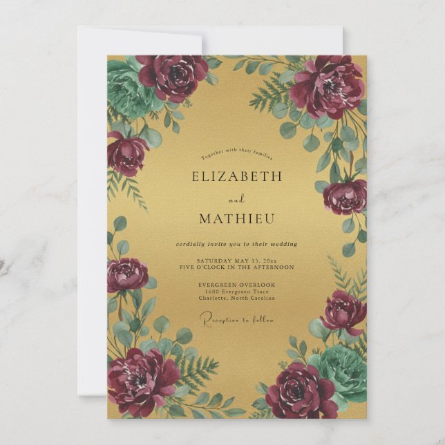 Convite Casamento de Peônia Magenta Dourada (Frente)