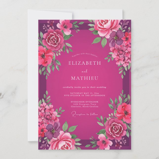 Convite Casamento de Peônia Magenta Fuchsia (Frente)