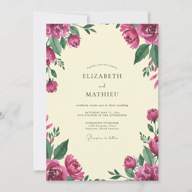 Convite Casamento de Peônia Magenta Marfim (Frente)