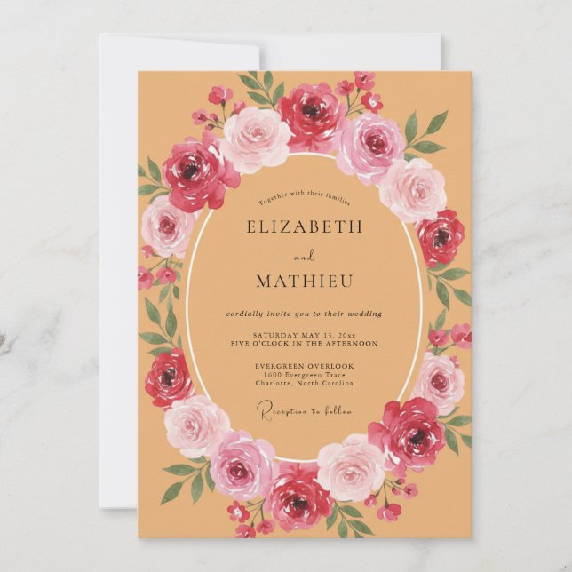 Convite Casamento de Peônia Magenta Mel (Frente)
