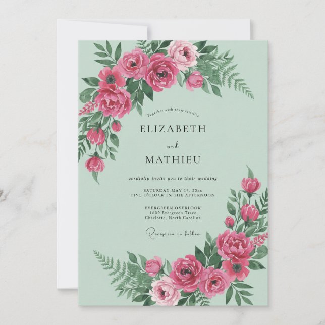 Convite Casamento de Peônia Magenta Mint (Frente)