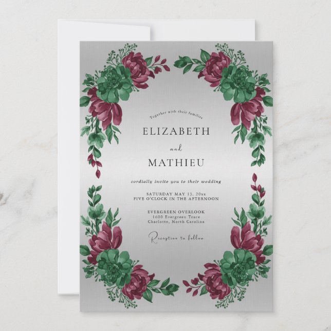 Convite Casamento de Peônia Magenta Prata (Frente)