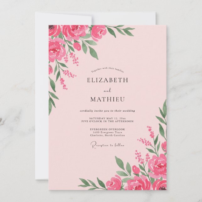 Convite Casamento de Peônia Magenta Rosa (Frente)
