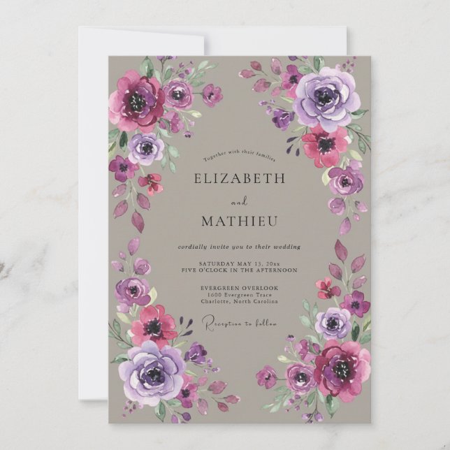 Convite Casamento de Peônia Magenta Taupe (Frente)