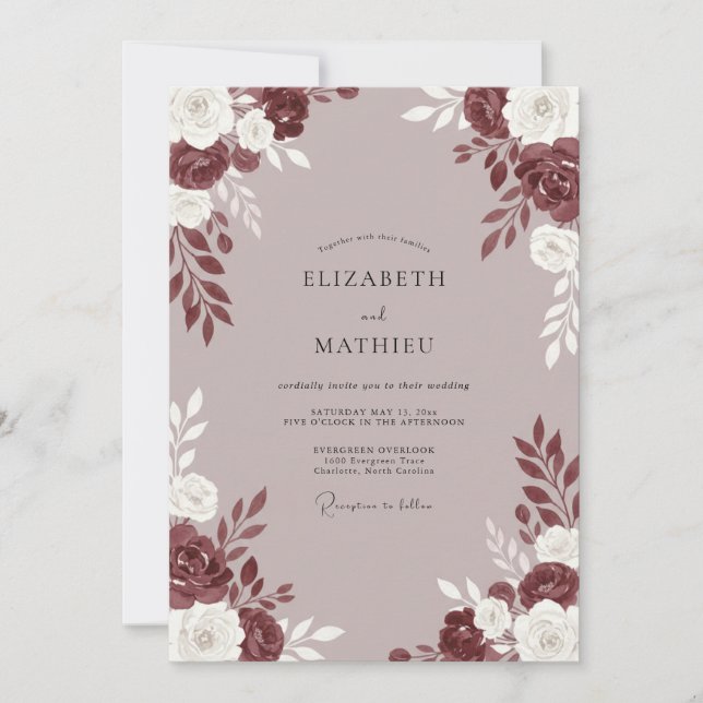 Convite Casamento de Peônia Malva Marrom (Frente)
