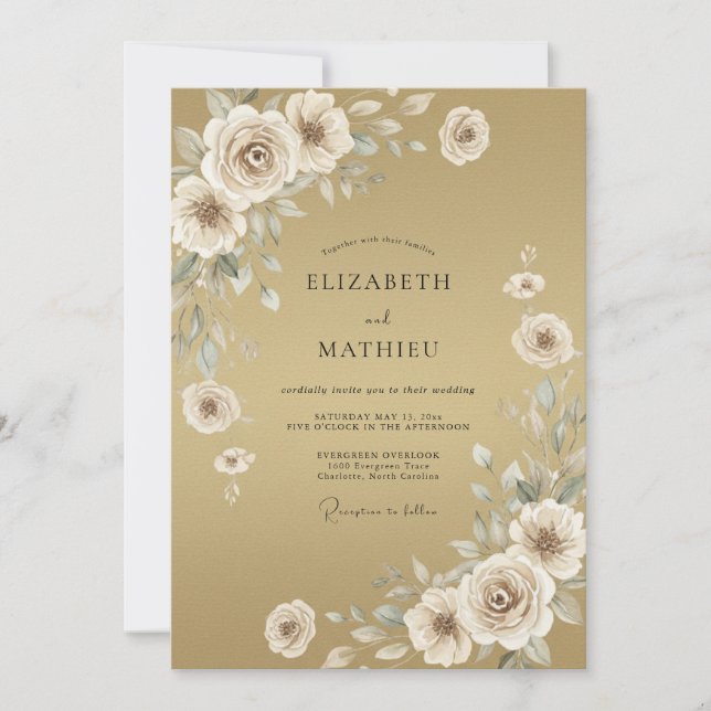 Convite Casamento de Peônia Marfim Champagne (Frente)