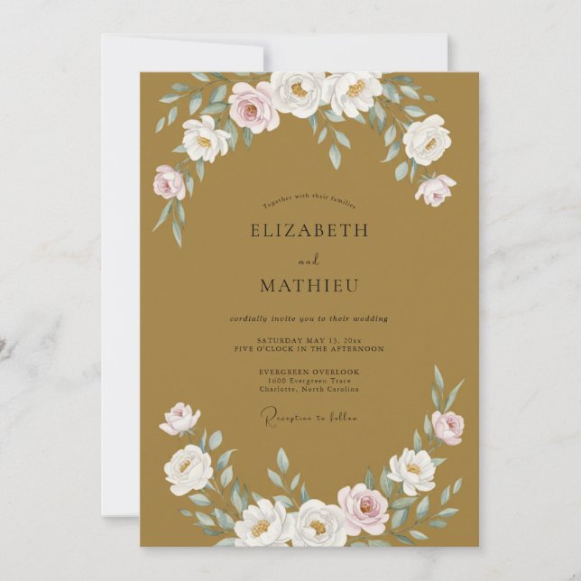 Convite Casamento de Peônia Marfim Dourado (Frente)
