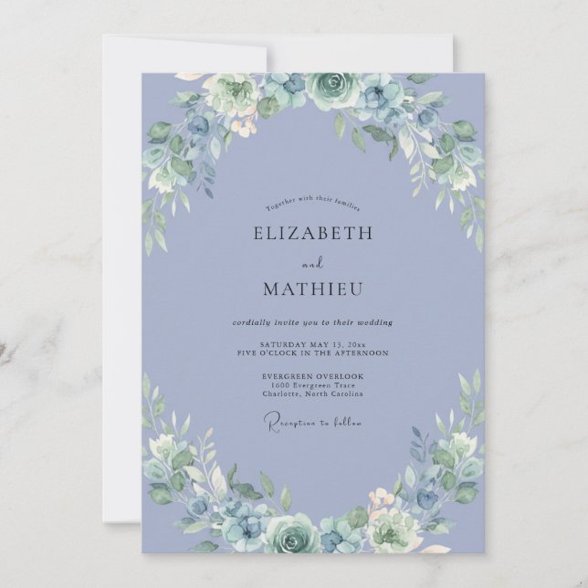 Convite Casamento de Peônia Marfim e Periwinkle (Frente)