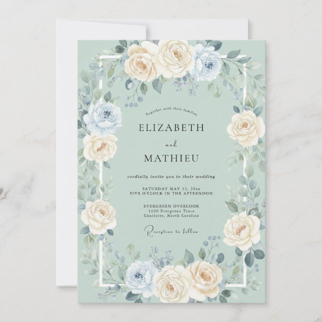 Convite Casamento de Peônia Marfim Espuma do Mar (Frente)