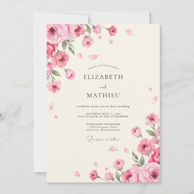 Convite Casamento de Peônia Marfim Rubor (Frente)
