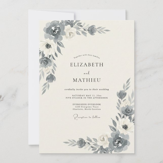 Convite Casamento de Peônia Marfim Slate (Frente)