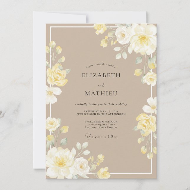 Convite Casamento de Peônia Marfim Suave (Frente)