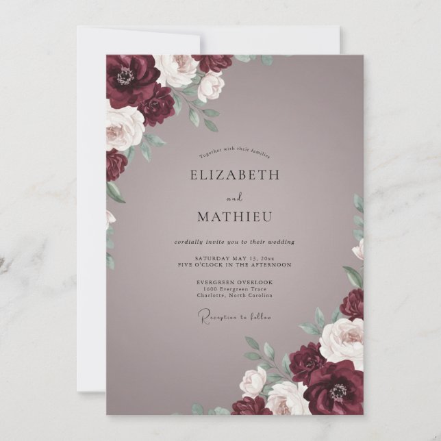 Convite Casamento de Peônia Marrom Macio Rosa (Frente)