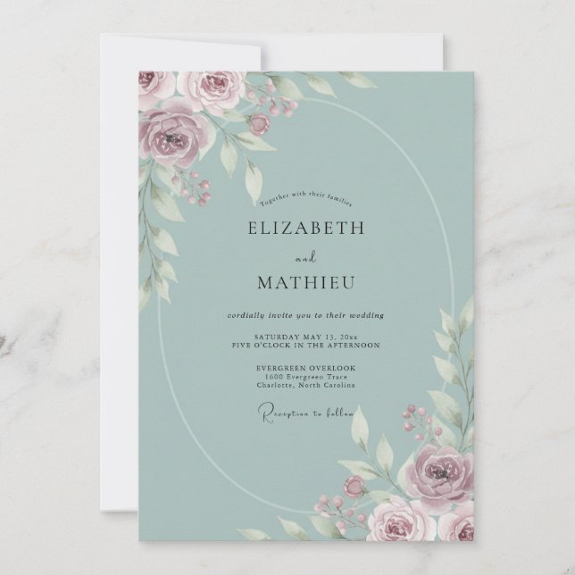 Convite Casamento de Peônia Mauve Celeste (Frente)