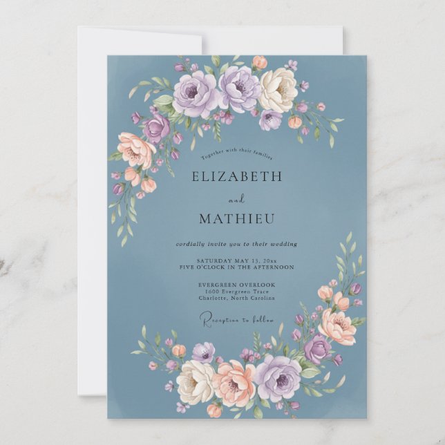 Convite Casamento de Peônia Mauve em Slate Dusty (Frente)