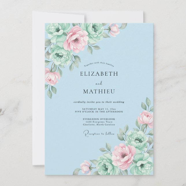 Convite Casamento de Peônia Menta Azure (Frente)