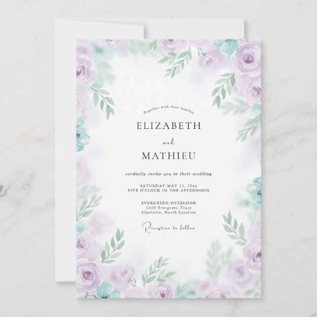 Convite Casamento de Peônia Menta Lilás (Frente)