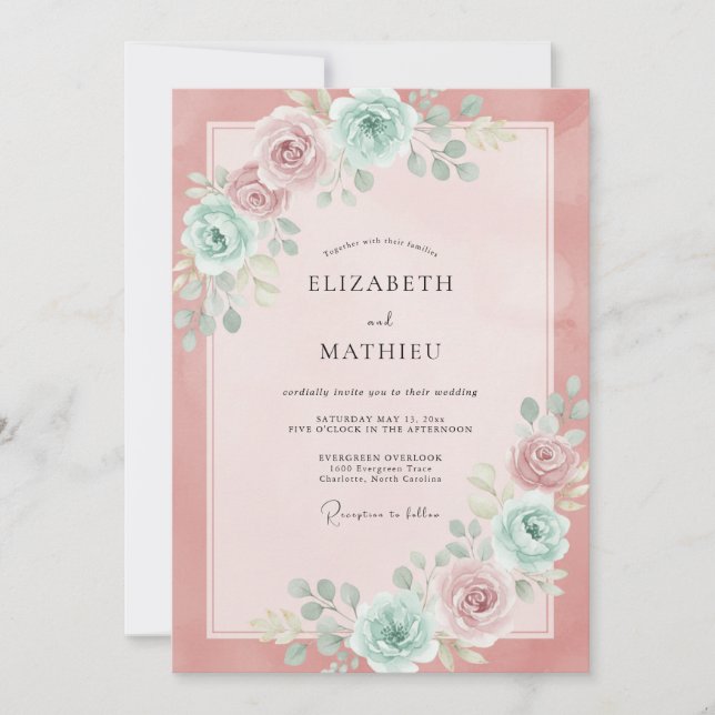Convite Casamento de Peônia Menta Rosa Corado (Frente)
