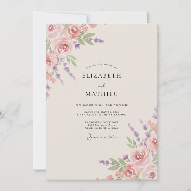 Convite Casamento de Peônia Orquídea Empoeirada (Frente)