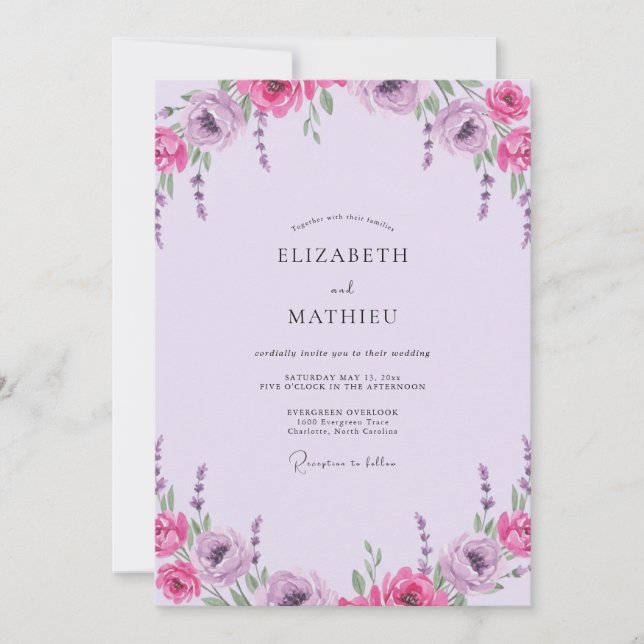 Convite Casamento de Peônia Orquídea Magenta (Frente)