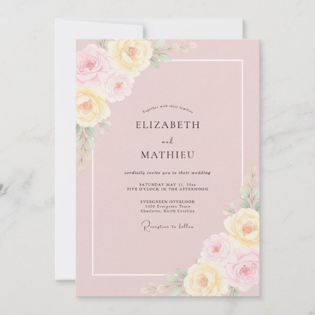 Convite Casamento de Peônia Pastel Rosa (Frente)
