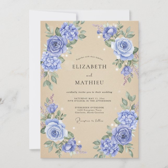 Convite Casamento de Peônia Periwinkle Champanhe Suave (Frente)