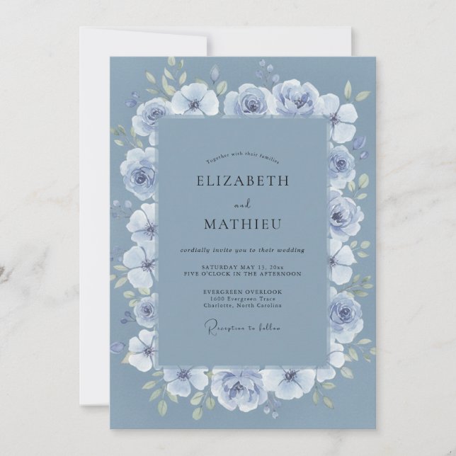 Convite Casamento de Peônia Periwinkle de Aço (Frente)