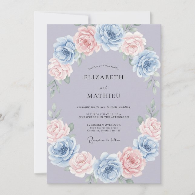 Convite Casamento de Peônia Periwinkle Empoeirada (Frente)