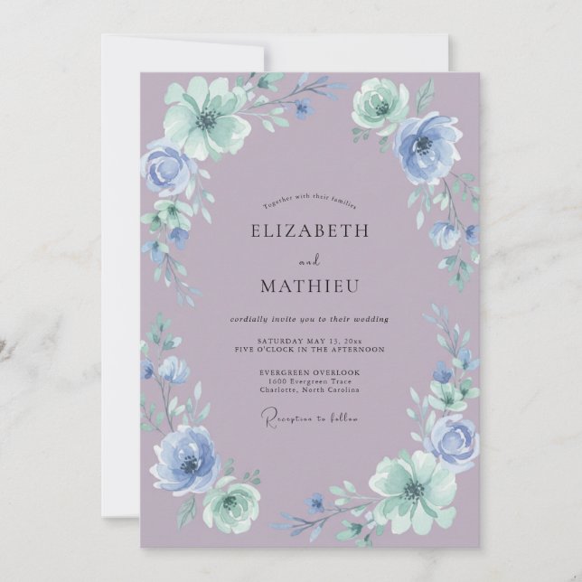 Convite Casamento de Peônia Periwinkle Mauve (Frente)