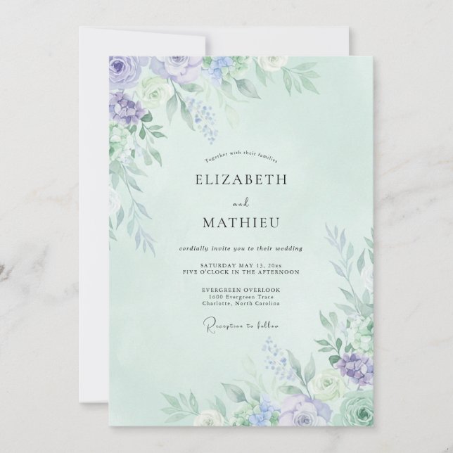 Convite Casamento de Peônia Periwinkle Menta (Frente)