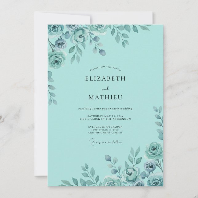 Convite Casamento de Peônia Pintada Aqua (Frente)