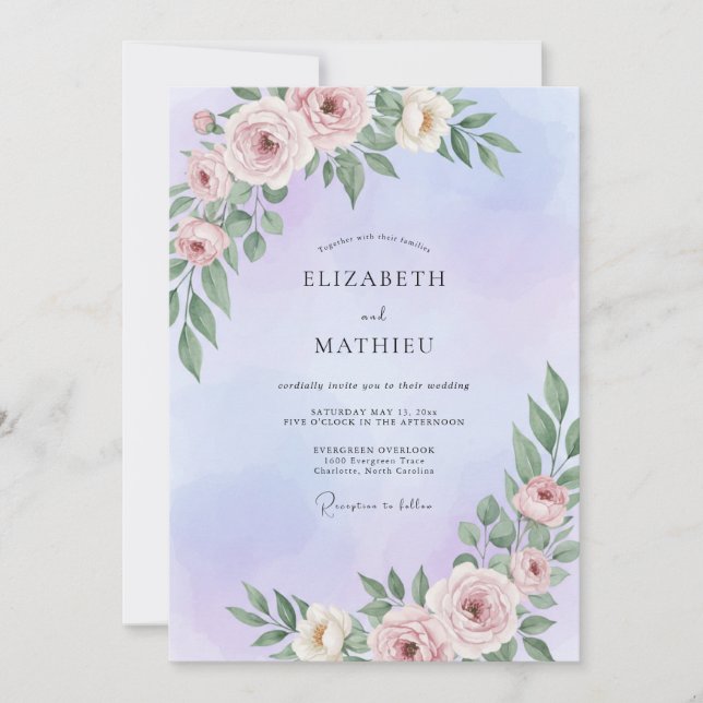 Convite Casamento de Peônia Pintada de Lavanda (Frente)