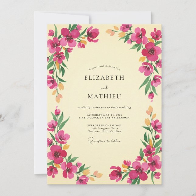Convite Casamento de Peônia Pintada de Magenta (Frente)