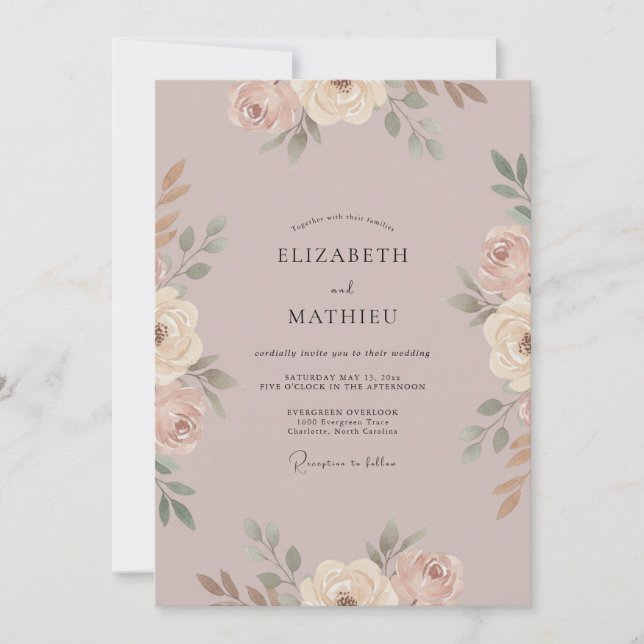 Convite Casamento de Peônia Pintada de Malva (Frente)