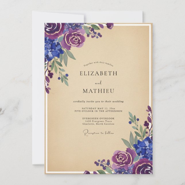 Convite Casamento de Peônia Pintada de Violeta (Frente)