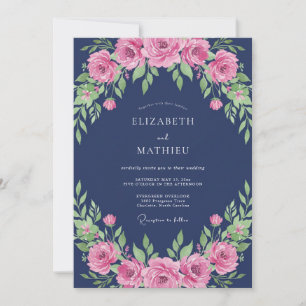 Convite Casamento de Peônia Poética Azul Marinho